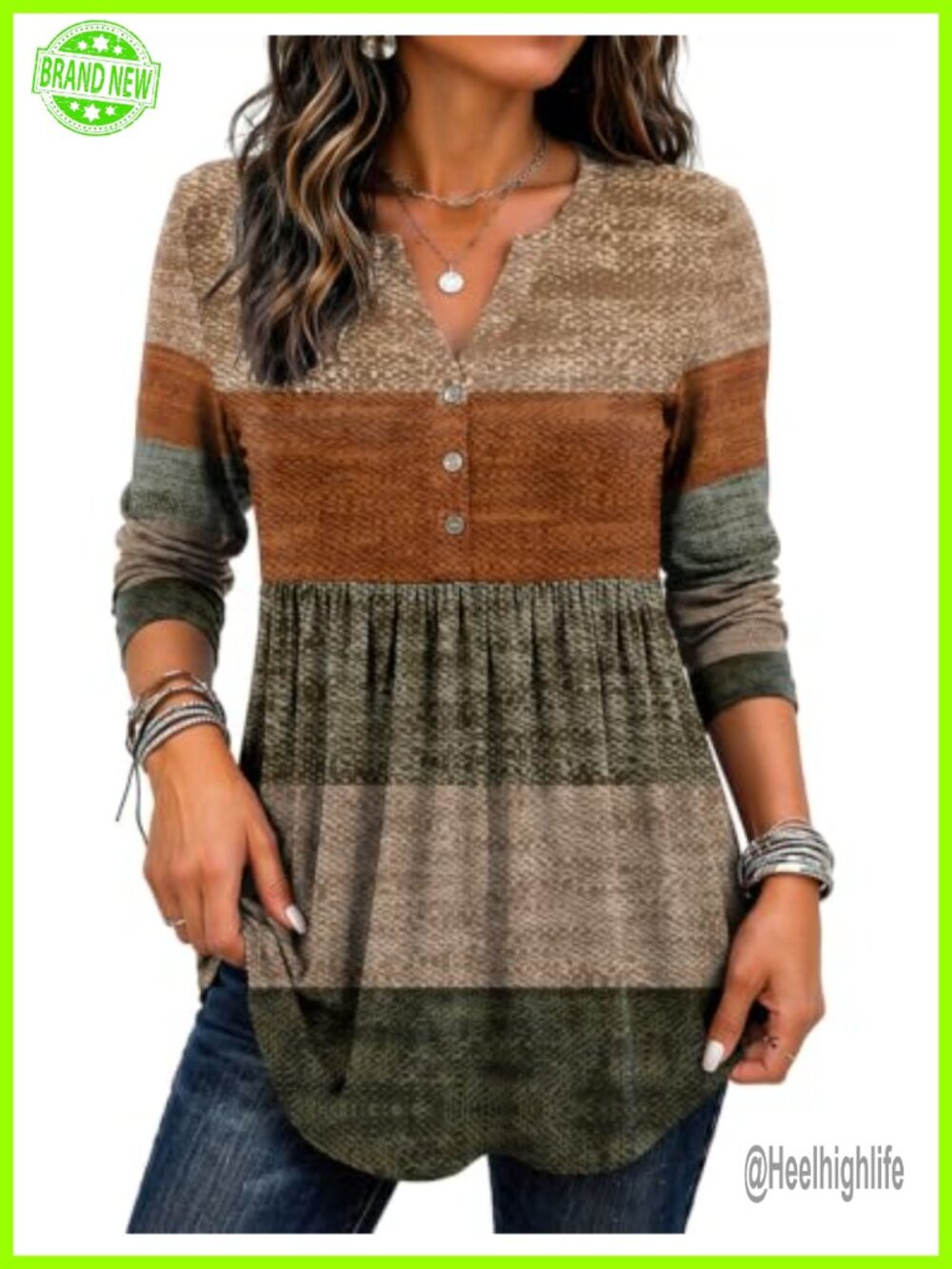 Long Sleeve Boho Henley V Neck Pleated Tunic Top Fall